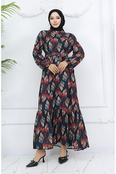 sefamerve Jessica Fabric Patterned 0033-02 Μαύρο Κοραλί Φόρεμα