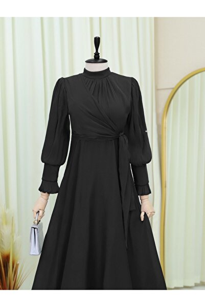 Modamorfo Stand Collar Side Tie Janjan Evening Dress - Black