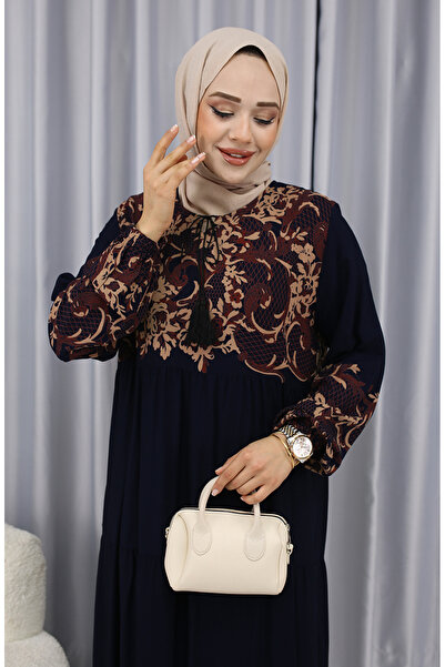 sefamerve Sulu Desen Elbise 4082-04 Lacivert