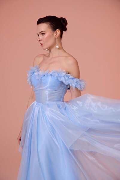 Carmen Mavi Düşük Kol Tül Nişanlık