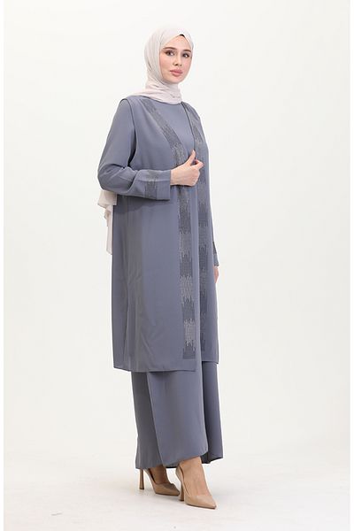 sefamerve Γκρι Φόρεμα Plus Size Γιλέκο Διπλό Σετ 6140-04