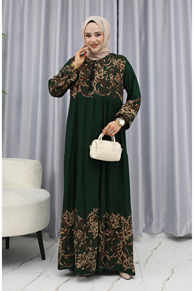 sefamerve Sulu Desen Elbise 4082-05 Zümrüt Yeşili