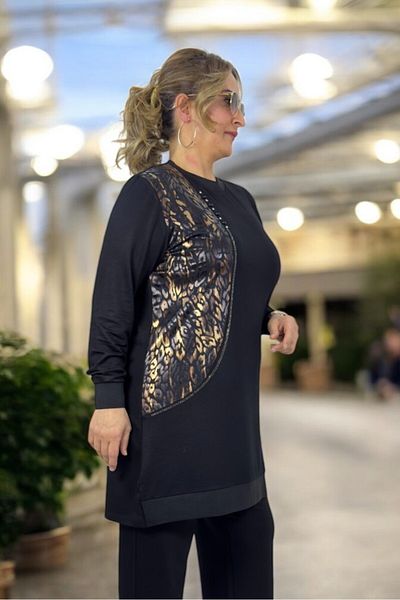 yagmurberen ليوبارد منقوشة حجر التفاصيل كامل ليكرا كريستال 2 نسيج الغزل حجم كبير بنطلون تونك مجموعتين