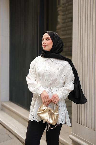 LOCCO Women's Glitter Look Brode Shirt White