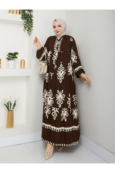 ECK MODA Women's Single Jersey Fabric Loose Fit Patterned Button Detail Dress