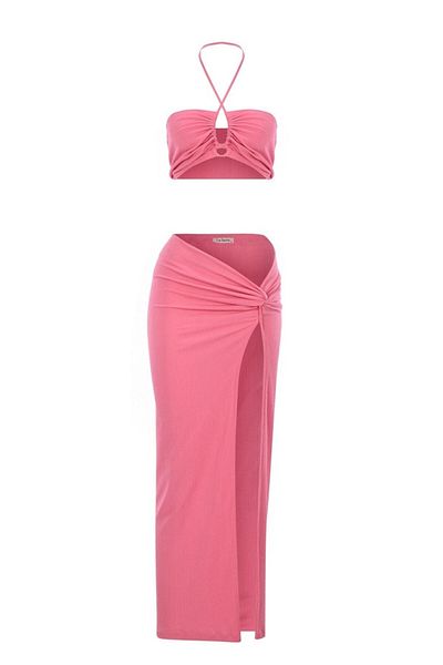 La Sarta Set Crop Top Fustă Pareo Roz Flam