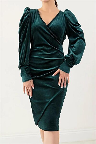 Dipmoda γυναικείο φόρεμα διπλό πέτο γιακάς Με σούρες Βελούδο DPKKLF68 - Σμαραγδί