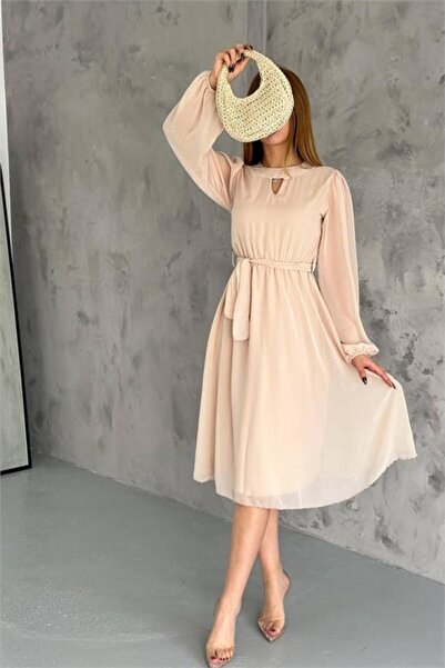 Dipmoda Dipmoda γυναικείο μπεζ φόρεμα σιφόν Midi μήκος Με φόδρα DPKKLF2027