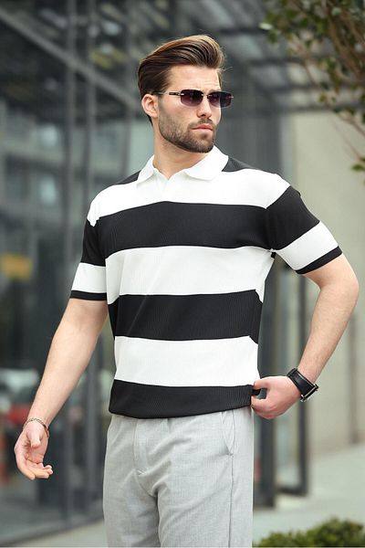 Madmext Black Polo Neck Striped Men's Knitwear T-Shirt E7411