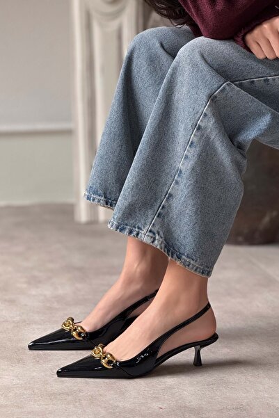 NİŞANTAŞI SHOES Lorina fekete lakkbőr kiegészítők, részletes boka, rugalmas női sarkú cipő