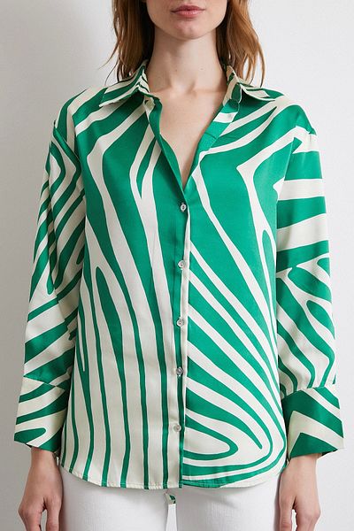 Never more Zebra Pattern Olive Green V-Neck Shirt