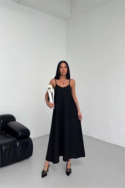 Dipmoda γυναικείο μαύρο φόρεμα με τιράντες Με φόδρα κάτω Λινό επάνω DPG017