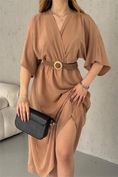 Dipmoda γυναικείο φόρεμα από ψάθινο ύφασμα με χαμηλό μανίκι Ζώνη li ayrobin D...