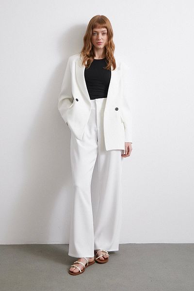 Never more Wide Leg Trousers with Waist Detail Ecru