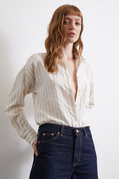 Never more Μπεζ πουκάμισο με πολλές ρίγες τσέπης