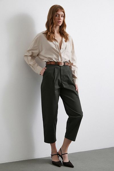 Never more Belted Gabardine Trousers -- Detailed Pocket Khaki