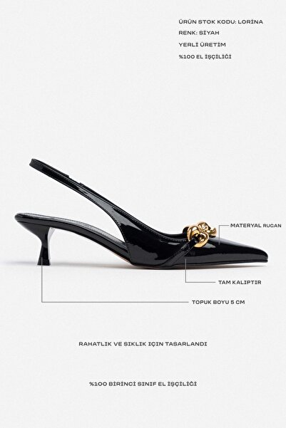 NİŞANTAŞI SHOES Lorina fekete lakkbőr kiegészítők, részletes boka, rugalmas női sarkú cipő