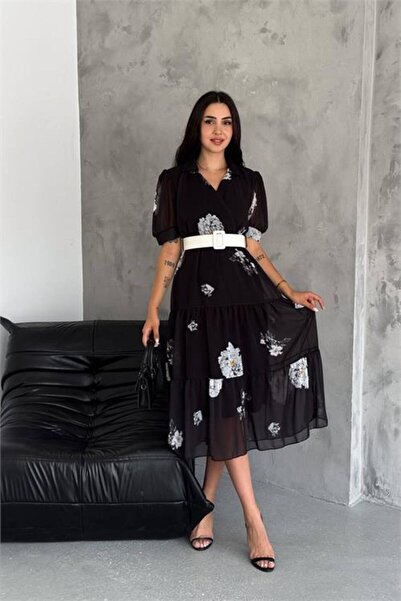 Dipmoda Dipmoda γυναικείο φόρεμα σιφόν Ζώνη li Γιακάς πουκαμίσου Με σχέδιο DP...