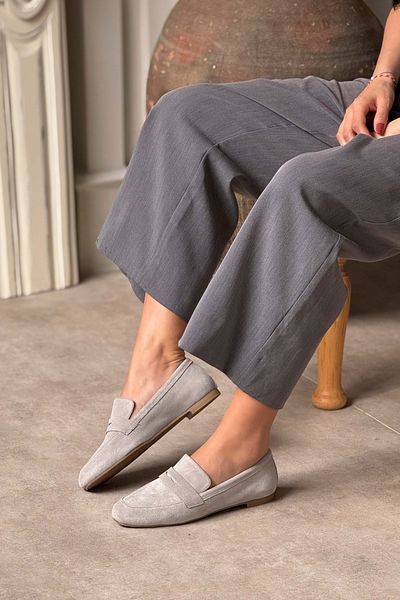 NİŞANTAŞI SHOES Balerini de damă Saber Gri din piele de căprioară autentică cu talpă plată