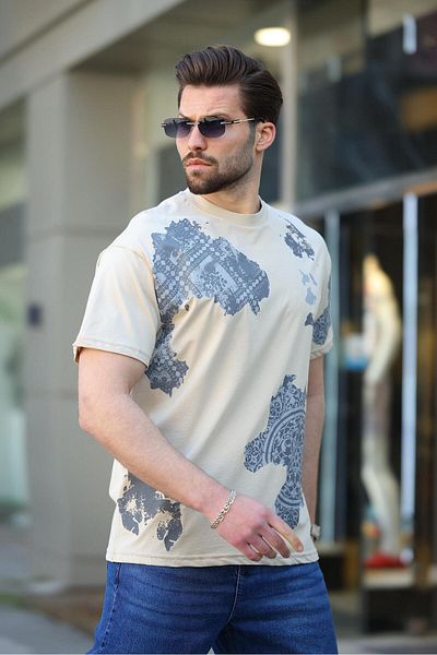 Madmext Ανδρικό T-Shirt με μπεζ 100% βαμβακερό σχέδιο E7142