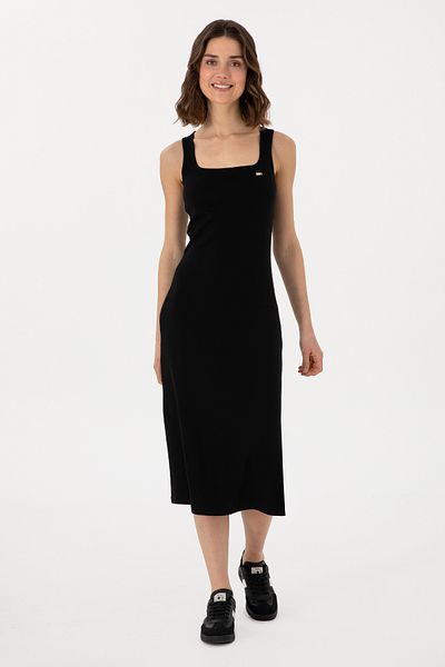 U.S. Polo Assn. Women's Black Slit Sleeveless Square Neck Midi Length Knitted Dress 50305835-Vr046