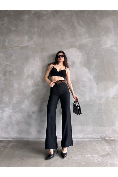 Caddebostan Moda Women's Black Linen Trousers with Belt
