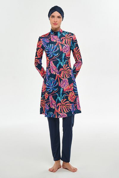 ROZAMAY Lycra Full Covered 3108 Dark Navy Blue Swimsuit Patterned Hijab