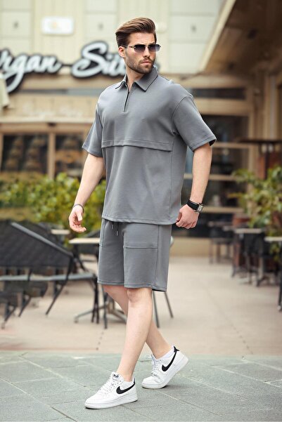 Madmext Füme Fermuarlı Polo Yaka Erkek Şort Gömlek Takımı E7314