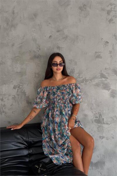 Dipmoda γυναικείο φόρεμα σιφόν με γιακά μαντόνα Με σχέδιο DPQ009