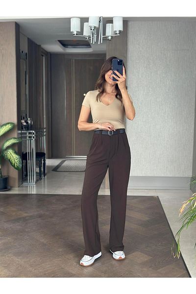Forlady4 Brown Double Pleated Belted Lycra Crepe Women's Trousers