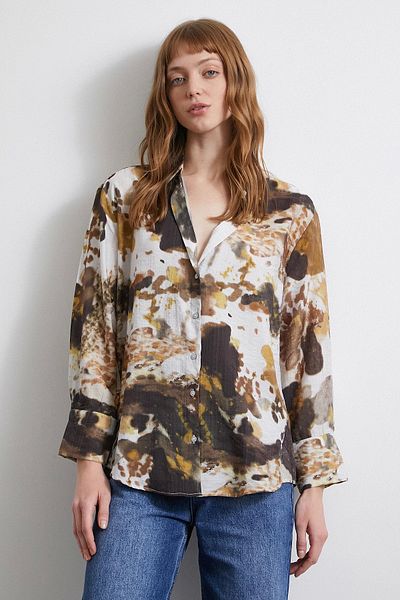 Never more Batik Pattern Voile Shirt Khaki