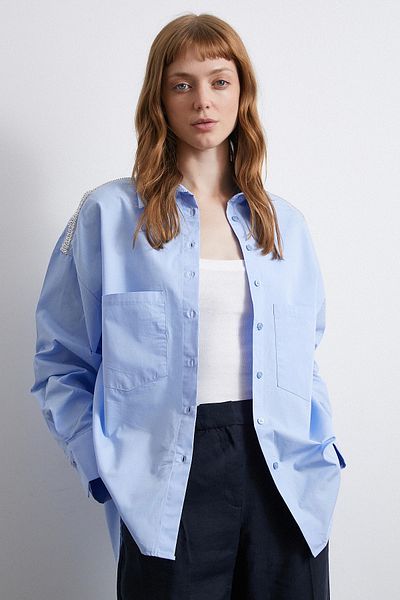 Never more Oversize Shirt with Bead Detail on the Shoulder Blue