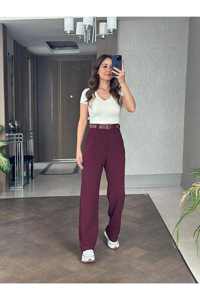 Forlady4 Claret Red Double Pleated Belted Lycra Crepe Women's Trousers