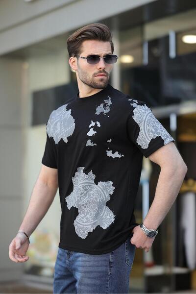 Madmext Μαύρο ανδρικό μπλουζάκι με σχέδιο 100% βαμβάκι E7142