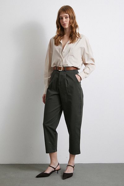 Never more Belted Gabardine Trousers -- Detailed Pocket Khaki
