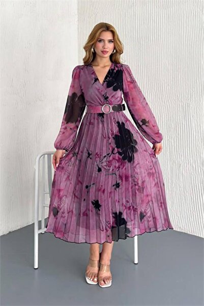 Dipmoda فستان نسائي من الشيفون بطبعة ياقة مزدوجة وحزام DPK20302