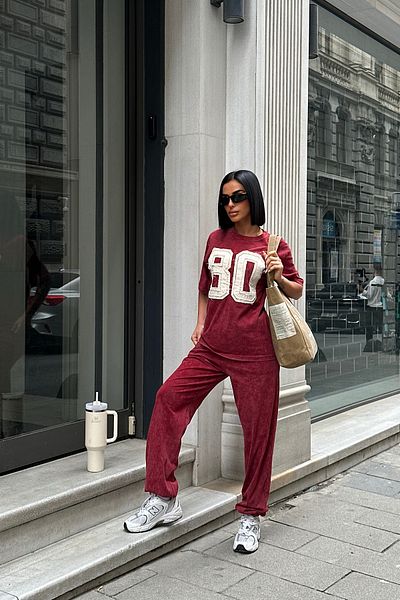 Bliss Women's 80 Detailed Short Sleeve Oversize Comfortable Fit Bottom Top Tracksuit Set