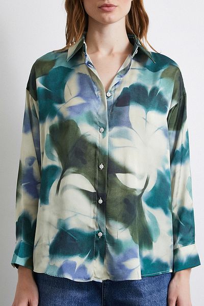 Never more Batik Pattern Satin Shirt Petrol Set