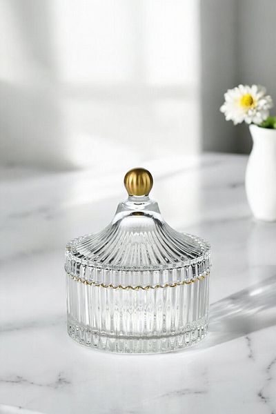 TrendDeco Gold Gilded Glass Sugar Bowl with Lid