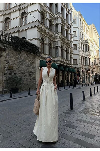 Vandella Bey - Stand up Round Neck and Zip-Up Chiffon Sleeve Long Dress with Sitting Pockets and Bell Skirt