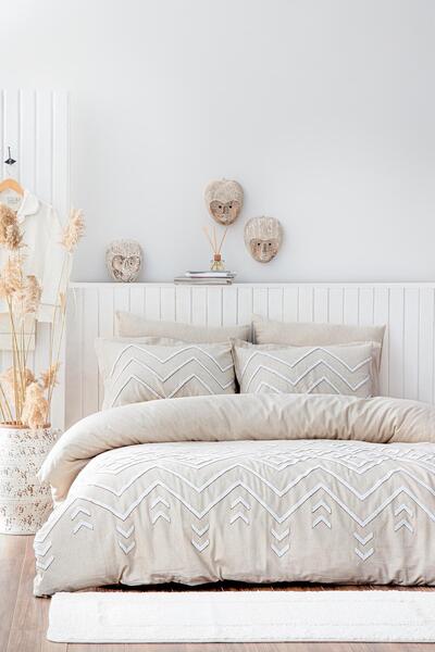 Ecocotton Talya Battal Boy Nevresim Takımı %100 Pamuk Keten Panç Nakışlı Krem-Bej 240x220 Cm