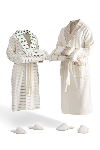 Ecocotton طقم روب حمام عائلي من القطن العضوي باللون الأخضر/البيج مقاس M/L