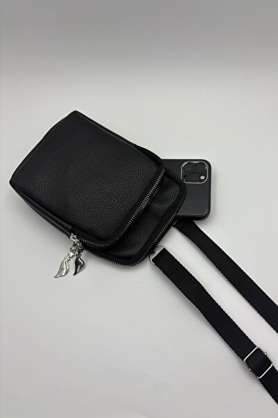 Bersia Γυναικεία δερμάτινη μαύρη τσάντα τηλεφώνου 2 ματιών