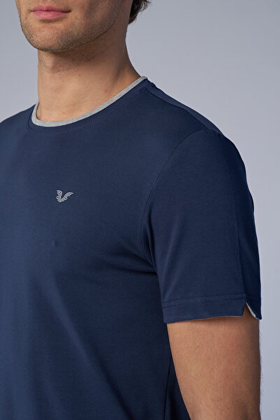 bilcee Ανδρικό μπλουζάκι από βαμβακερό μπλουζάκι με λαιμόκοψη σε μπλε ναυτικό χρώμα 2374