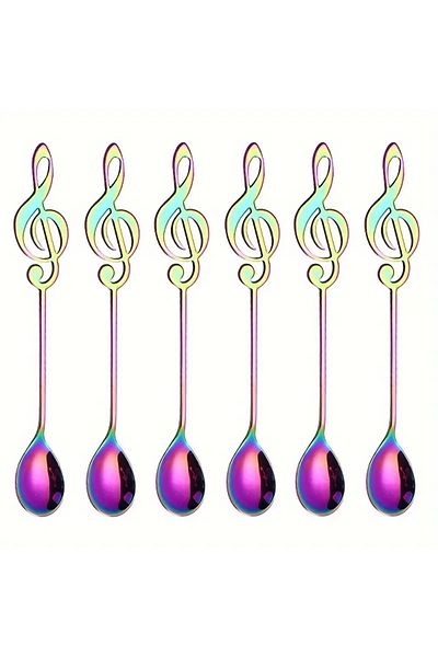 Home 6 Pack 16 cm Length - Colorful Note Design Coffee Spoons, Stainless Steel - Rainbow Color