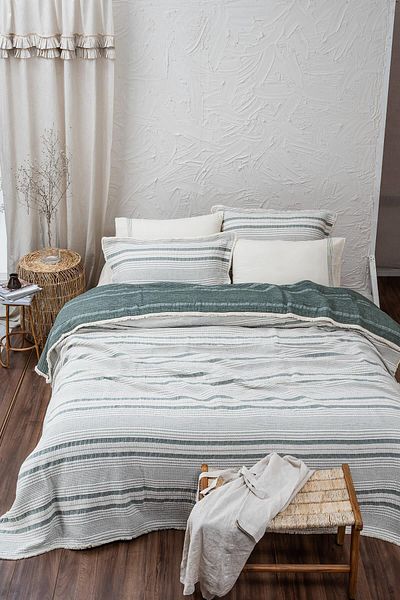 Ecocotton Hivda Green Muslin Filled Double Bedspread - 100% Organic Cotton 240X260 Cm