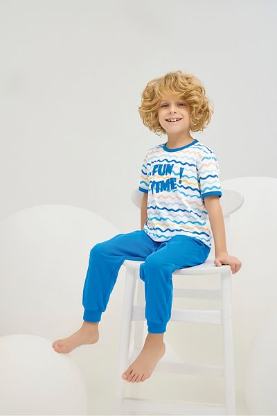 Sevim Boy, Wave Pattern, 100% Cotton, Elastic Leg, Pajama Set