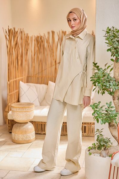 LOCCO Beige Women's Linen Suit - Button Detail Side Tie