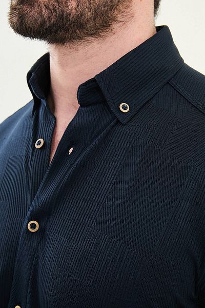 Mcr Patterned Slim Fit Long Sleeve Cotton Men's Shirt Navy Blue - 27058.25Y