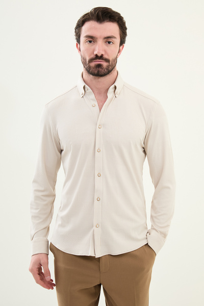 Mcr Смугаста сорочка Slim Fit з довгими рукавами з бавовни для чоловіків, беж...